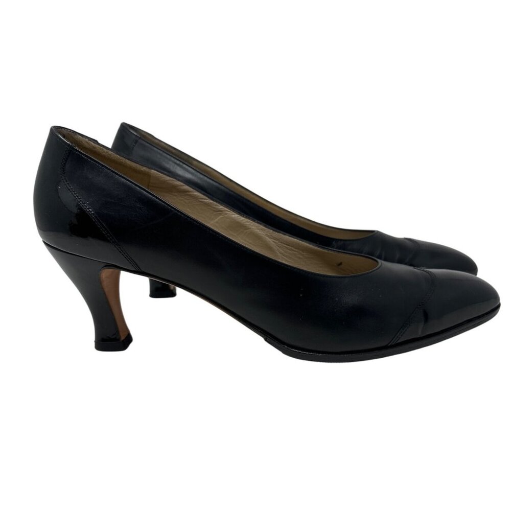 Salvatore Ferragamo Womens Black Leather Black Patent Shoes Heels Pumps Sz 10AA